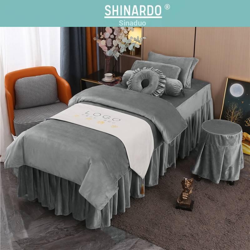 Shinardo Flannel Beauty ผ้าคลุมเตียงชุดสี่ชิ้นสีเทาสีทึบหนาโลโก้ที่กําหนดเองผ้าปูที่นอนนวดหัวกลม Trapezoidal Tattoo Bedsp