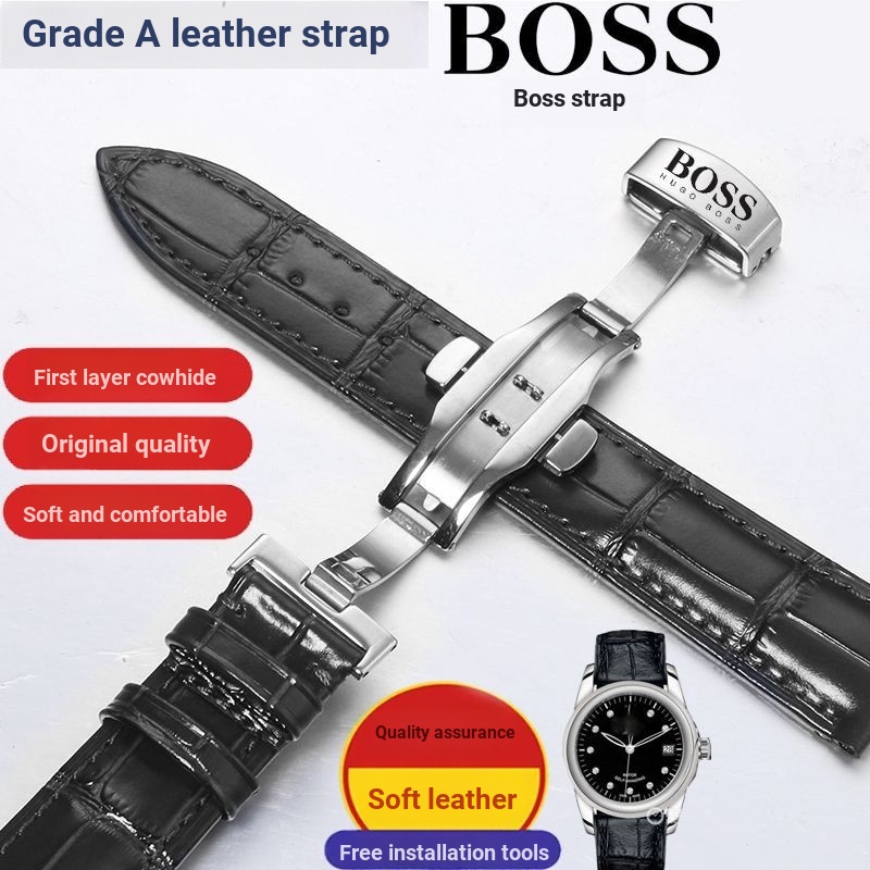 Boss Bos สายนาฬิกาข้อมือ หนังวัวแท้ แบบนิ่ม กันน้ํา หัวเข็มขัดผีเสื้อ อุปกรณ์เสริม +F123