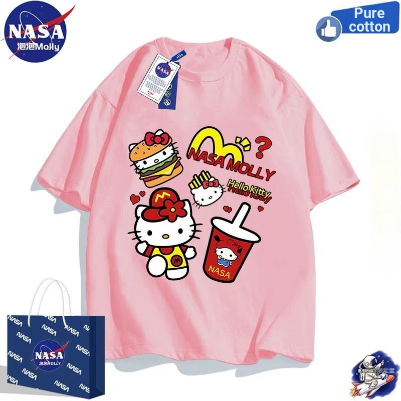 Hello Kitty Top NASA Summer Hello Kitty เสื้อยืดผ้าฝ้ายแท้แฟชั่นเสื้อแจ็คเก็ตน่ารัก