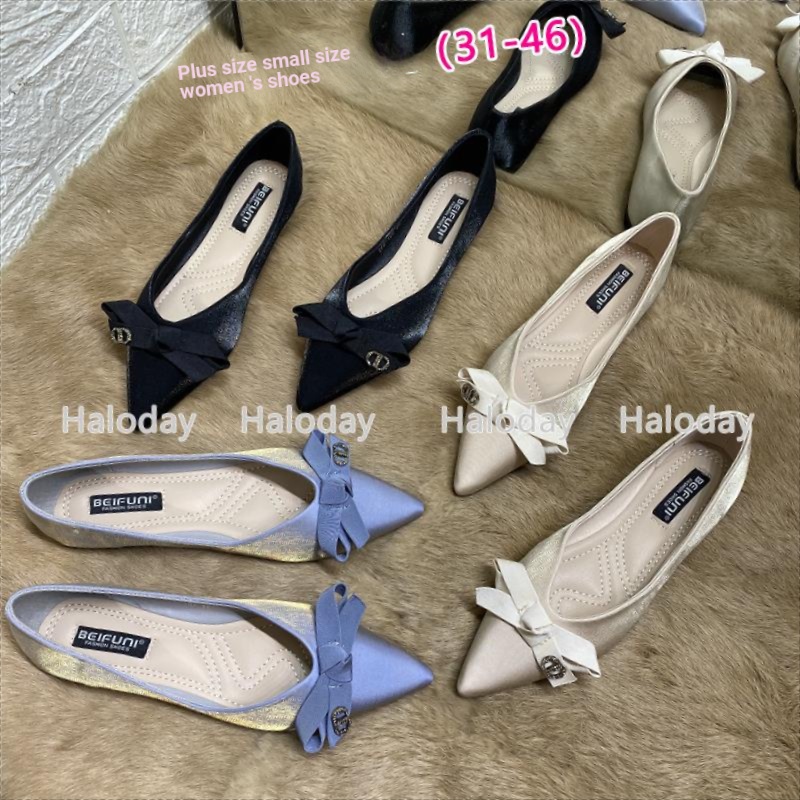 รองเท้าผู้หญิงขนาดใหญ่ (31-46) Bowknot Pointed Toe รองเท้าผู้หญิงแบน Fairy สไตล์รองเท้าเพื่อนเจ้าสาว All-Match Soft-Soled รองเท้าทํางานขนาดเล็กรองเท้าผู้หญิงรองเท้าขนาดใหญ่รองเท้าพนักงานออฟฟิศ Cab