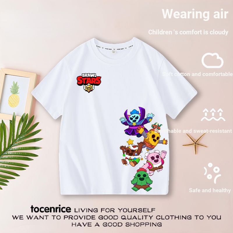 Brawlstars BrawlStars เด็กเสื้อยืดครึ่งแขนชายเสื้อผ้าฤดูร้อนกลางเด็กใหญ่ท็อปส์ฤดูร้อนบางครึ่งแขน