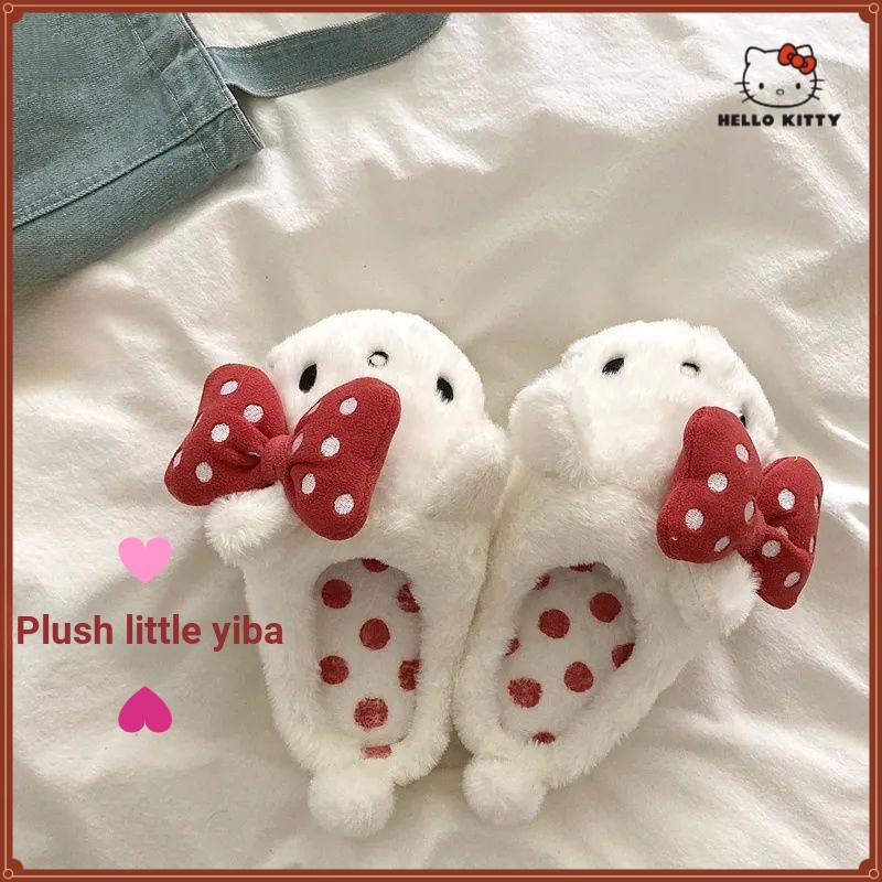 HelloKitty Polka Dot Dahlia รองเท้าแตะน่ารักสไตล์อินน่ารักรองเท้าแตะบ้านฤดูหนาวในร่มบ้านรองเท้าอุ่น