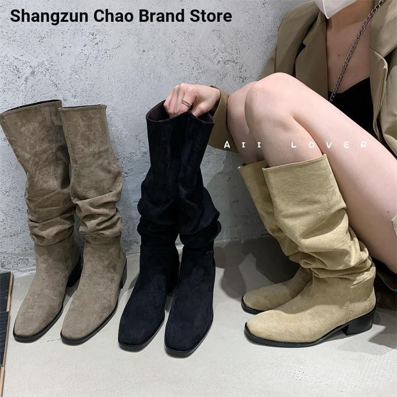 รองเท้าเข่า High-Top Boots Over-the-Knee Boots Knight Boots Women Western Boots Mid-Heel High-Top หนา