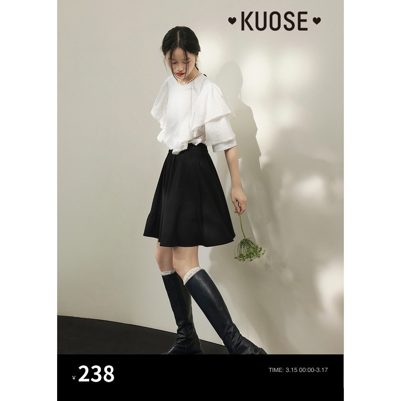 กางเกงขากว้างสีดําขากว้าง a-Line Culottes กางเกงลําลองเอวสูงกางเกงขาสั้นห้าจุดของผู้หญิง