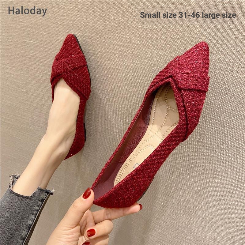 ขนาดใหญ่ (31-46) All-Match Pointed Toe Fairy สไตล์รองเท้าแบนหญิง Peas รองเท้ารองเท้าแต่งงานสีแดงขนาดใหญ่ 46 45 44 43 สบายพนักงานออฟฟิศน้องสาว