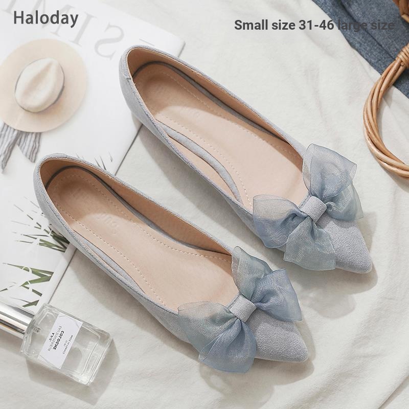 ขนาดใหญ่ (31-46) Street Wear รองเท้าส้นแบนผู้หญิง Pointed Toe All-Match Soft-Soled Peas รองเท้า Bow Scoop รองเท้าขนาดใหญ่ 46 45 44 43 สบาย Office Worker Sister