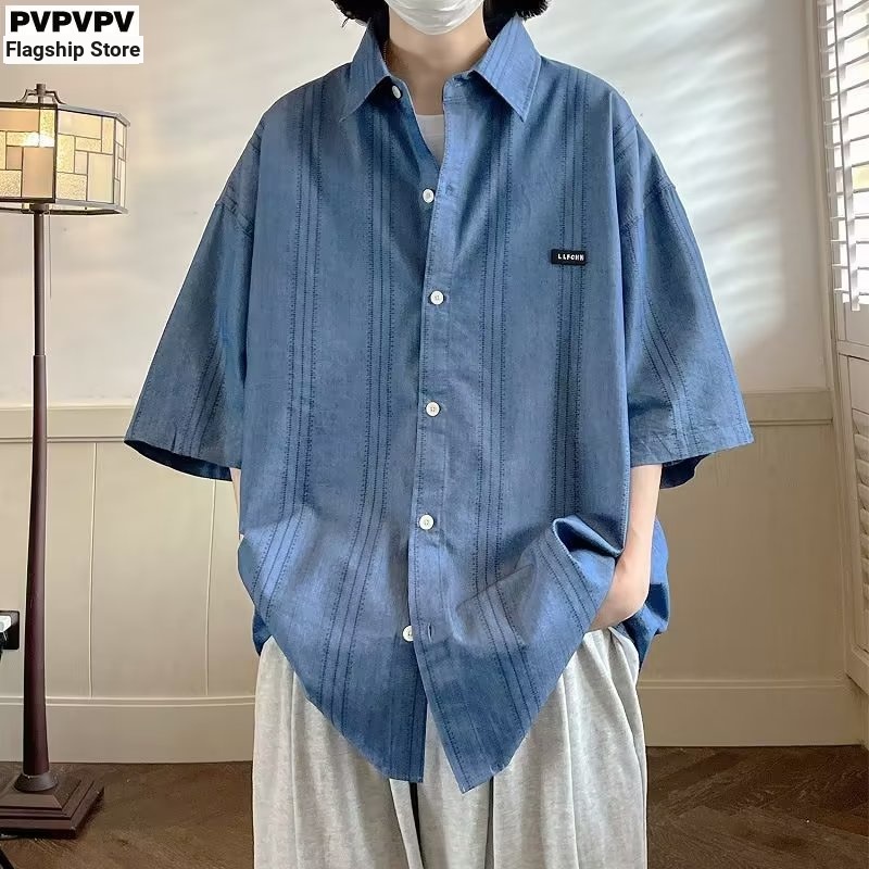 เสื้อเชิ้ตยีนส์ผู้ชายครึ่งถนนสวมใส่อินสไตล์บางฤดูร้อนย้อนยุคลายระดับไฮเอนด์สามแขน