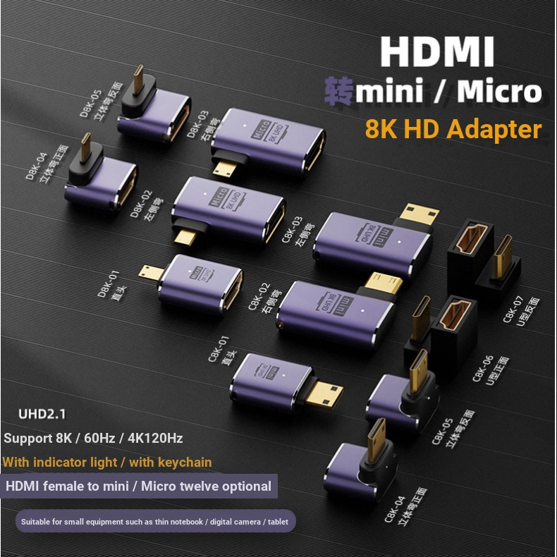 ตัวแปลง Micro/Mini HDMI HDMI C D-Type ชายหญิงอะแดปเตอร์ HD รองรับ HD 8K @ 60HZ HDMI2.1 ข้อศอกตรงชายหญิง