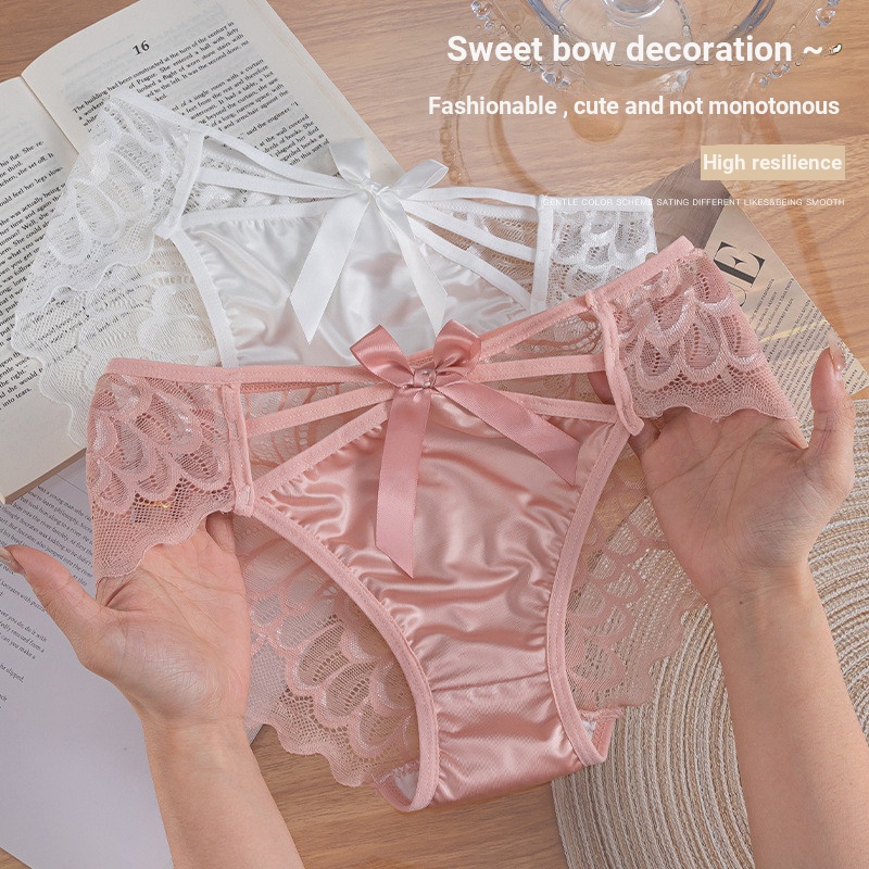 French Pure Desire High Slit กางเกงลูกไม้ซาตินหญิงเซ็กซี่ Breathable น้ําหนักเบา Bow Hollow กางเกงเอวต่ํา