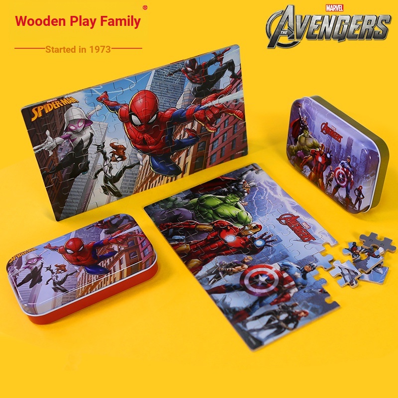 Marvel Tin Box Intelligence Puzzle 60 ชิ้น Spider-Man Avengers ปริศนาไม้การศึกษา Early Education ของเล่นเด็ก