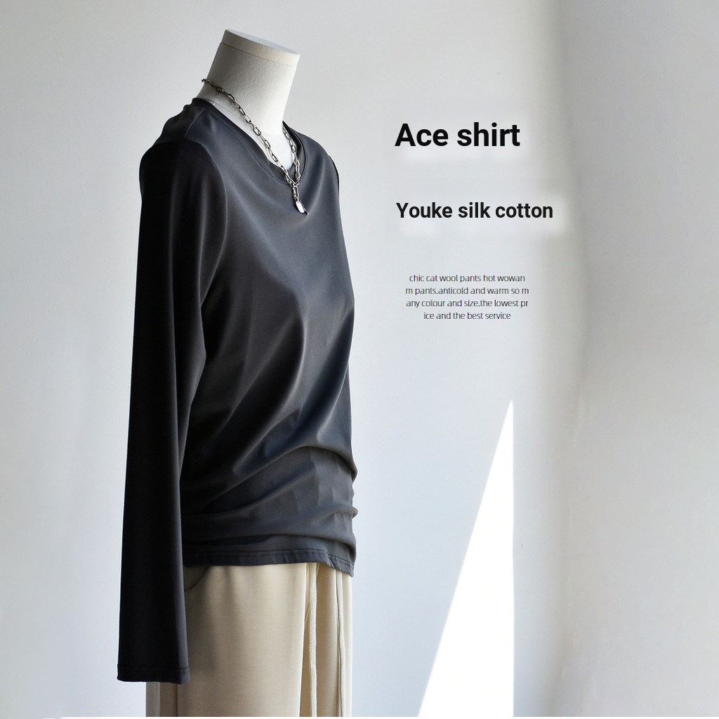 [Ace Shirt] 25 ฤดูใบไม้ร่วงฤดูหนาว Uke ผ้าไหมผ้าฝ้ายแขนยาวรอบคอ All-Match สวมใส่ด้านนอกรอบคอ Bottomi