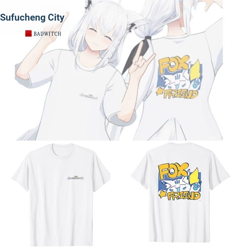 Hololive white fox fox fabricant fox friend เสื้อยืดแขนสั้นสําหรับผู้ชายและผู้หญิง