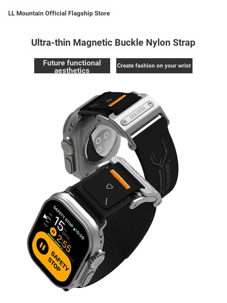 AULUMU สายนาฬิกา Apple เหมาะสําหรับ iwatch สายแม่เหล็ก Apple Watch Ultra2 ไนลอนสีดําถัก Breathable S