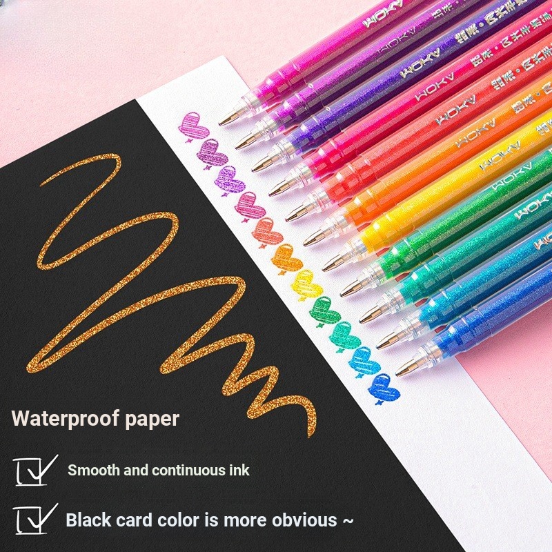 TikTok Glitter Gel Pen Glitter Glitter Glitter Glitter Glitter ปากกานักเรียนใช้ 6 สีคู่มือปากกาสี Ma