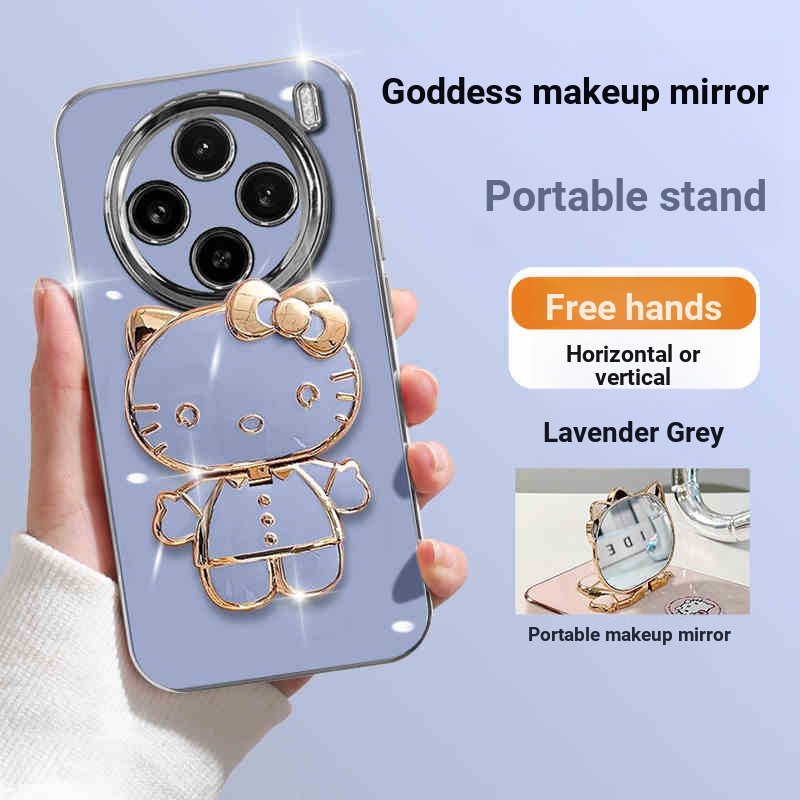 สําหรับ VIVO x200 Pro X100 ultra X90 X80 เคสโทรศัพท์ชุบ KT แมวแต่งหน้ากระจกผู้ถือป้องกันกรณี