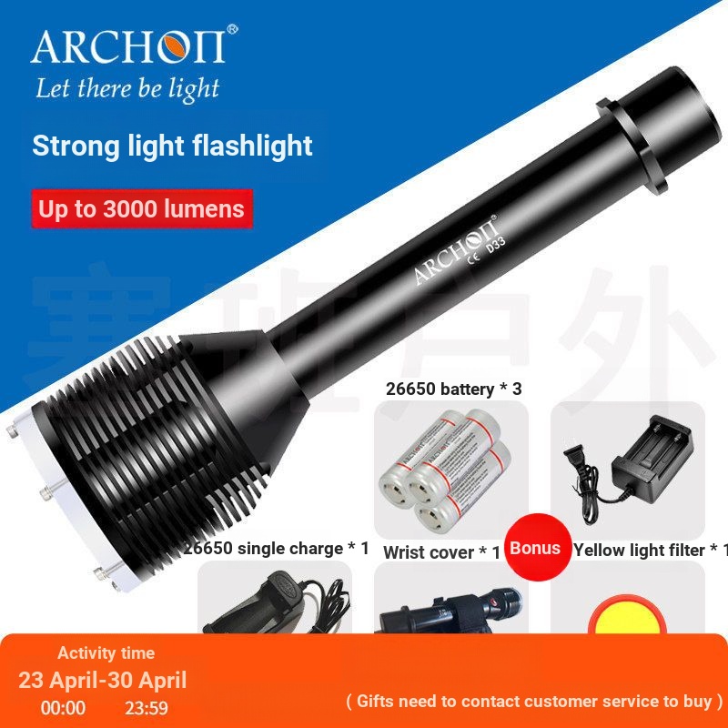ARCHON ARCHON D33 ดําน้ําแสงที่แข็งแกร่งไฟฉาย 3L2 3000 Lumens 26650 Night ดําน้ําศูนย์กลางแสงตกปลา