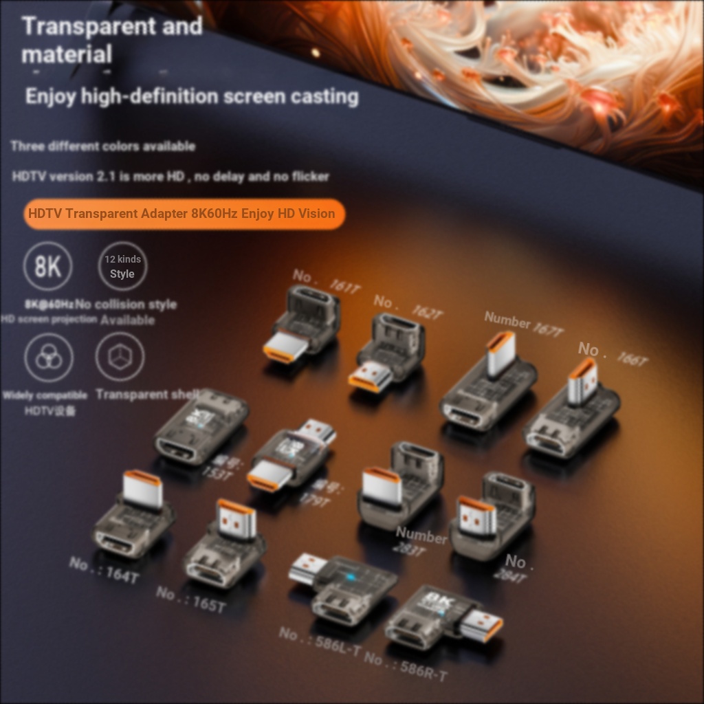 โปร่งใสโปร่งใสออกแบบอะแดปเตอร์ HDMI2.1 U-รูป L 90 องศา 180 องศา HDMI Male-to-Female Converter 8K @ 6