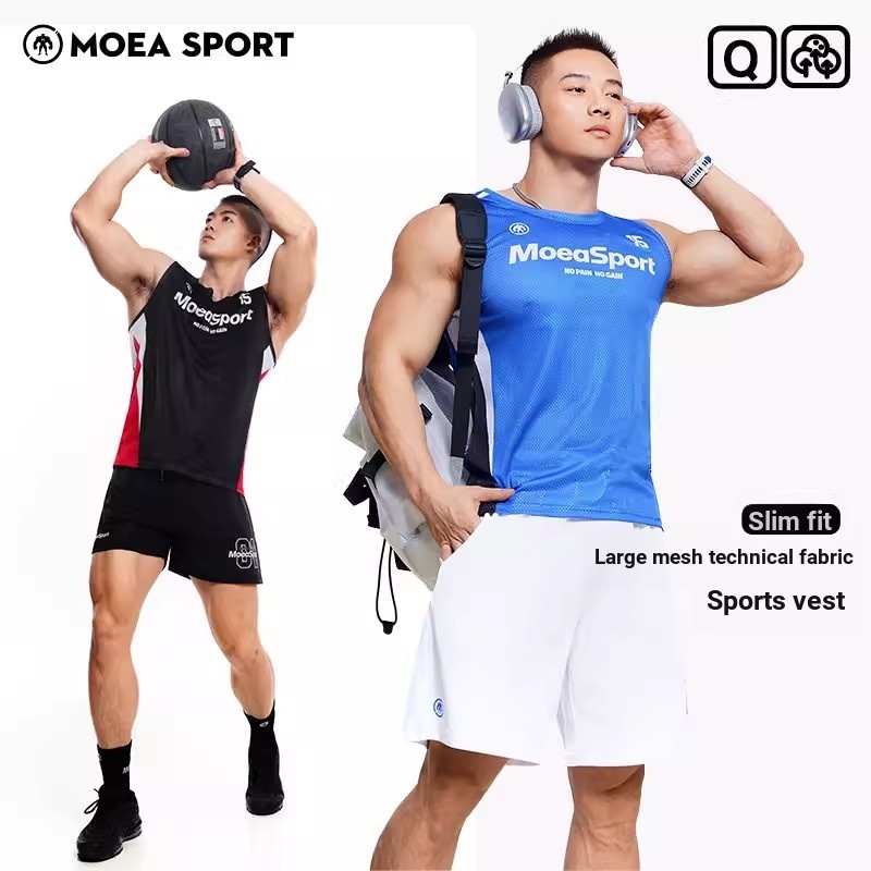 MOEA SPORT|Ink Cube ตาข่ายกีฬาเสื้อกั๊กผู้ชายเย็บสีตัดกัน Quick-Drying Breathable วิ่งฟิตเนสแขนกุดการฝึกอบรม Top