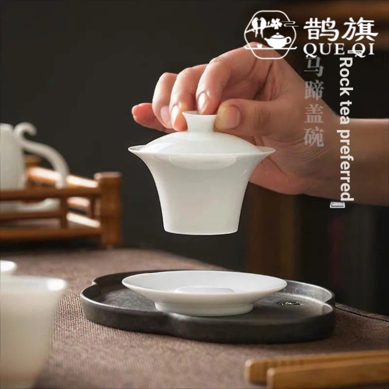 [ธงนกกางเขน] เกือกม้า Sancai Gaiwan Kung Fu ชุดชาเซรามิค Gaiwan ยางบางป้องกันการลวกมือคว้าชามชาสีขาว Porce