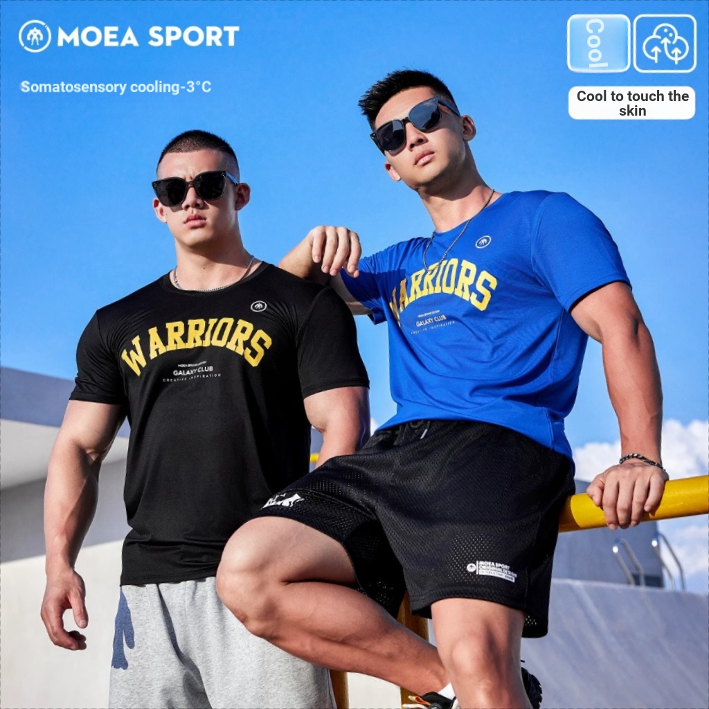 Ink Cube Cool Feeling Mercerized เสื้อยืดผู้ชายกีฬาฤดูร้อนลําลองแขนสั้น Breathable Slim-Fit ฟิตเนสการฝึกอบรม Top