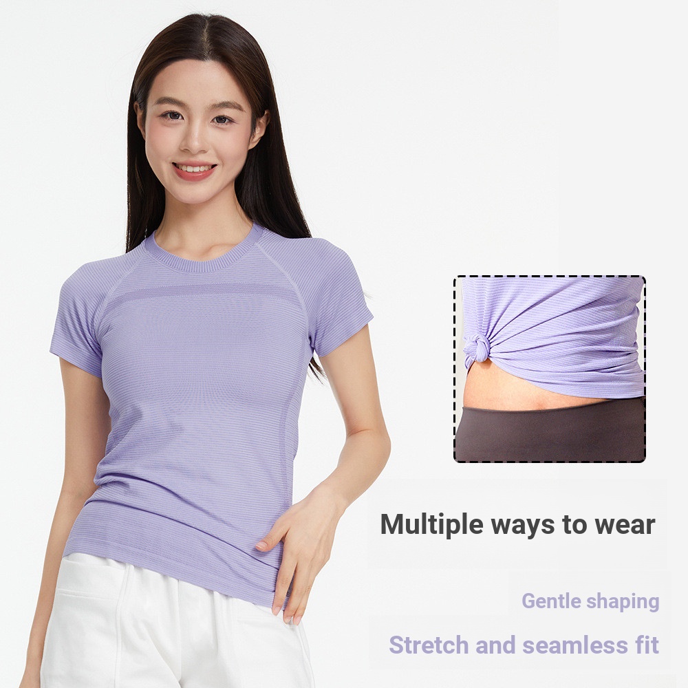 Lulu เสื้อยืดกีฬา Quick-Drying Yoga Wear Short-Sleeved Top Fitness Sports Running Seamless All-Match
