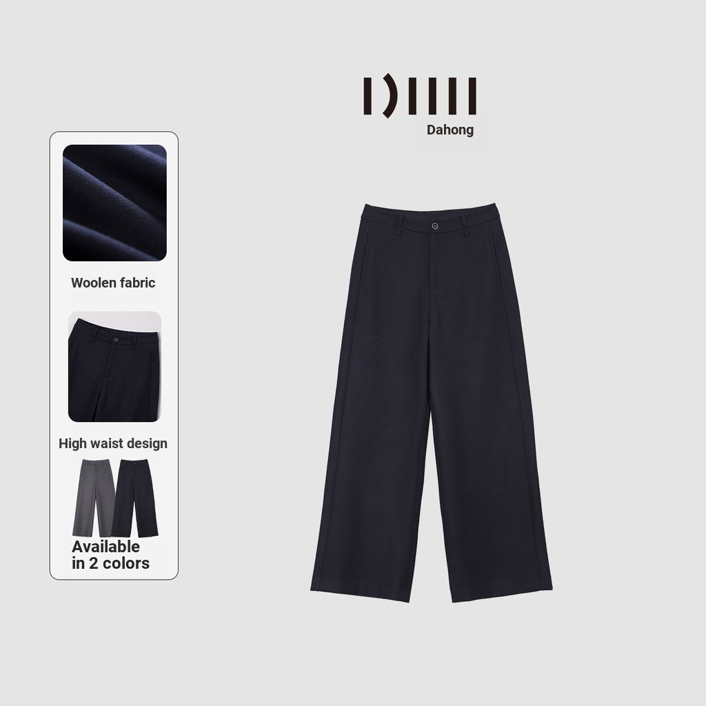 Dahong [Urban Walking] กางเกงลําลองทําด้วยผ้าขนสัตว์เอวสูงเดรปกางเกงขากว้างตรง