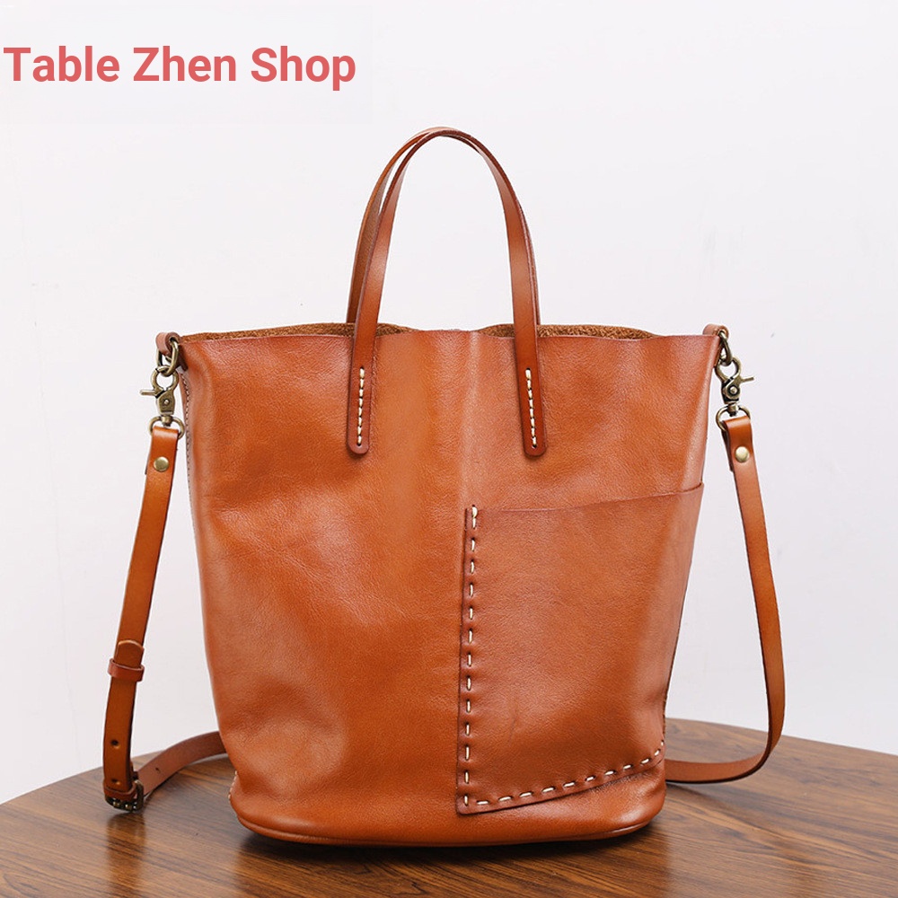 Qiuzhen Shop Handmade ต้นฉบับนําเข้าชั้นแรกผักหนังฟอกไหล่ถังกระเป๋าหนังแท้มัลติฟังก์ชั่น All-Match C