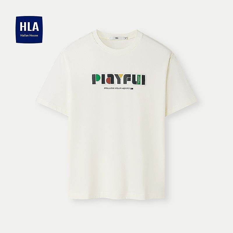 HLA/Hailan Home Letter พิมพ์เสื้อยืดแขนสั้นรอบคอผ้าฝ้ายแท้แขนสั้นผู้ชาย