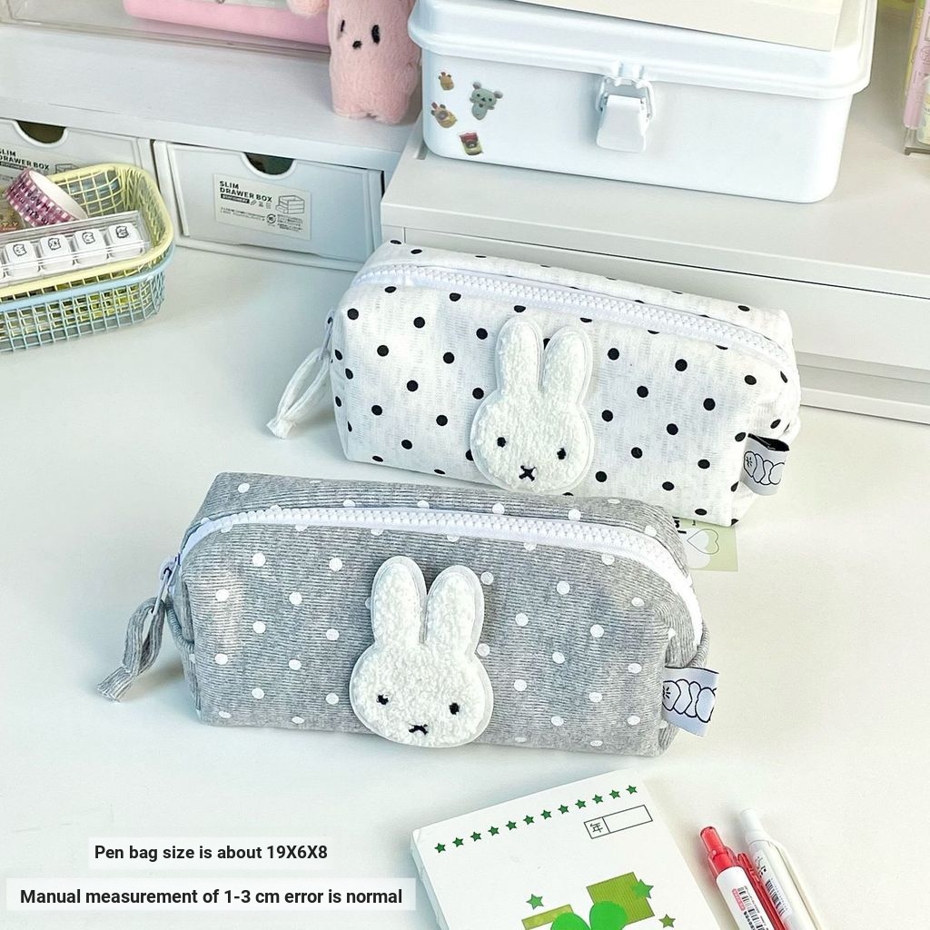 High-End Miffy Rabbit สไตล์เกาหลี Polka Dot น่ารักดินสอนักเรียนกระเป๋าเครื่องเขียนล้างทําความสะอาดได้เรียบง่ายขนาดใหญ่-ความจุแบบพกพา Dirt