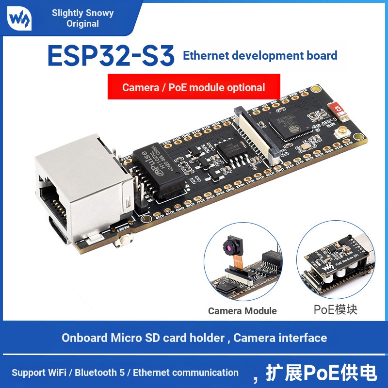ESP32-S3 บอร์ดพัฒนาอีเธอร์เน็ต 10/100Mbps พร้อมโมดูล PoE Dual Core 240MHz รองรับอินเทอร์เฟซ Wi-Fi Bluetooth Type-C และช่องเสียบการ์ด Micro SD