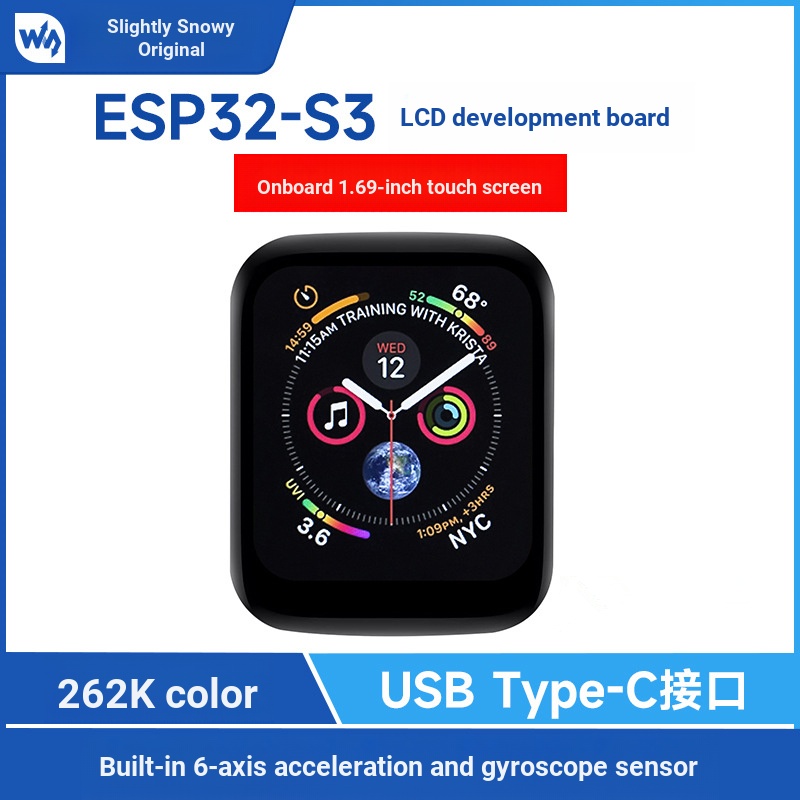 ESP32-S3 1.69 นิ้ว 240 x 280 ความละเอียด 262K สี Touch LCD Development Board ขนาดเล็กประเภท Acceleration และ Gyroscope Sensor Development Board, Micro Snow ESP32-S3-Touch-LCD-1.69