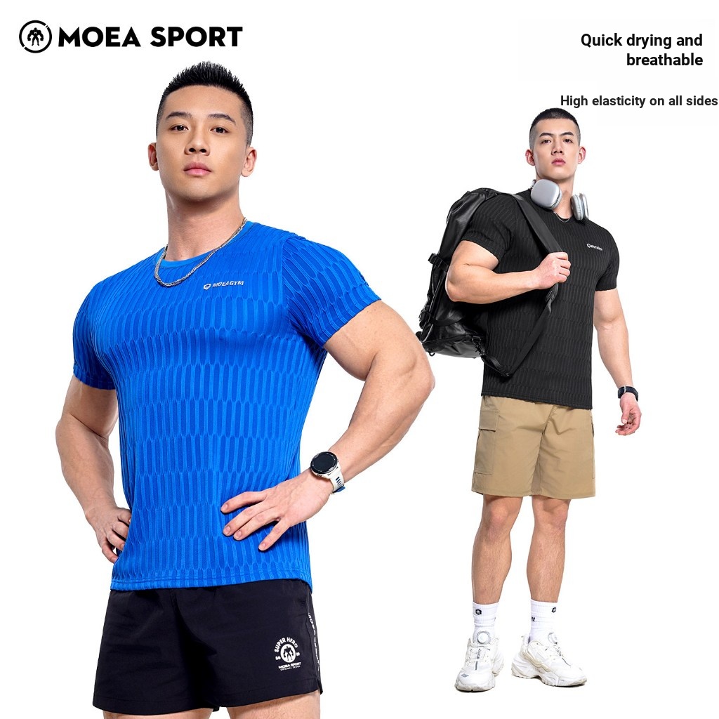 Mo Cube Quick-Drying เสื้อผ้าผู้ชายฤดูร้อนกีฬาเสื้อยืดยืดหยุ่นสูง Breathable ฟิตเนสแขนสั้นวิ่งการฝึกอบรมเสื้อผ้า S