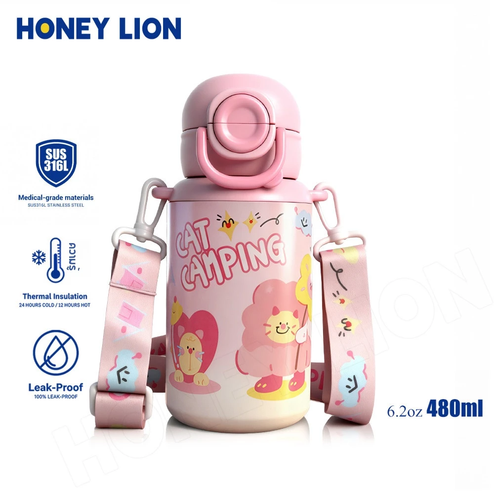 HoneyLion กระติกน้ำ การ์ตูนสัตว์ 480ml กันรั่ว เก็บความร้อน-เย็น - 2 วิธีดื่ม เปิดปิดหนึ่งกด มีสายคล้อง สีลูกอมน่ารัก