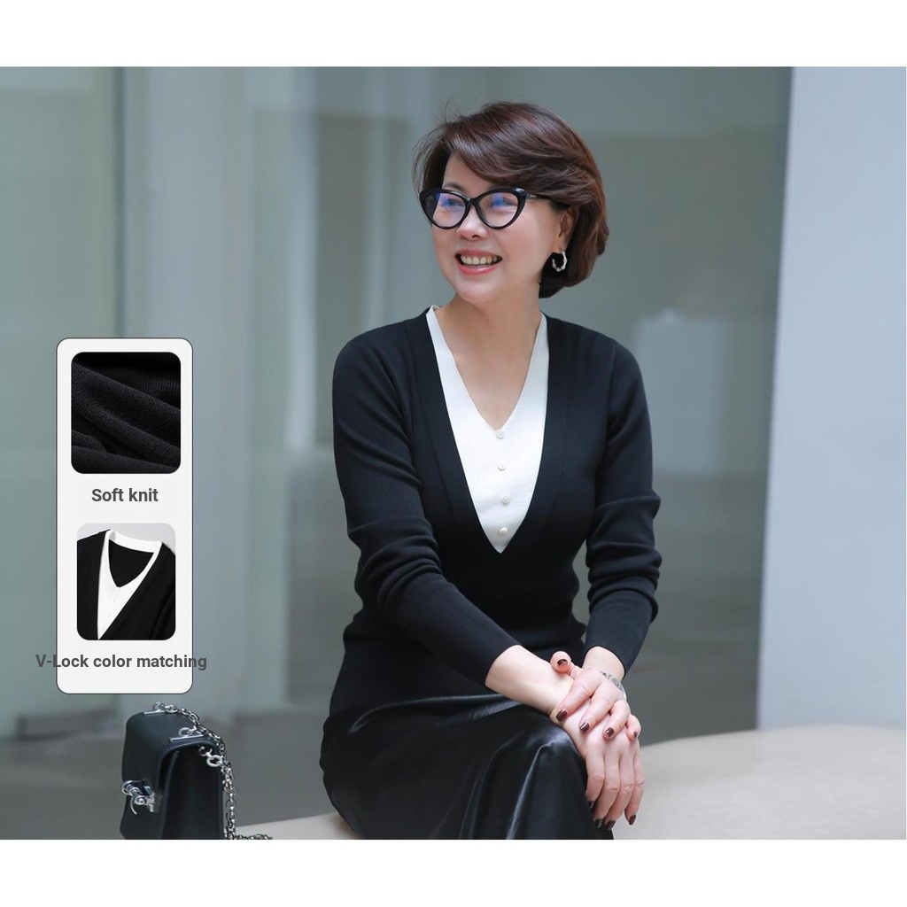 Dahong [เรียบง่ายหรูหรา] ฤดูใบไม้ร่วงสีดําสีขาวปลอมสองชิ้นเสื้อกันหนาวคอวีผู้หญิงด้านบน