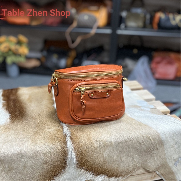 Qiuzhen Shop ชั้นแรก Cowhide น้ําย้อมผักฟอกหนังแท้ Retro ผู้ชายผู้หญิงไหล่เดียว Messenger ทนทาน Hand