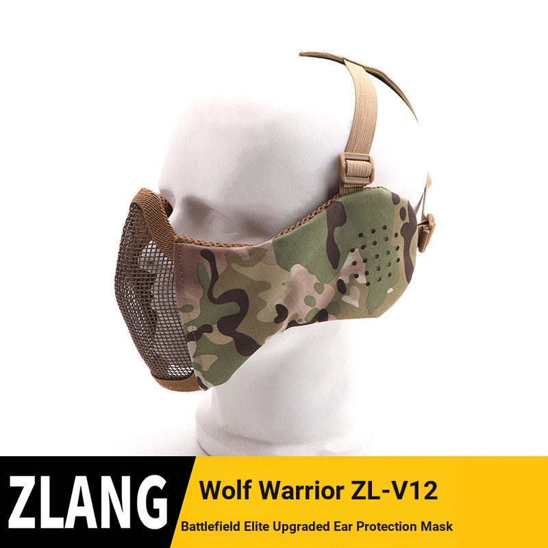 Zlangsports Half-Face Ear Protection หน้ากากลวดเหล็กยุทธวิธีขี่จักรยานกลางแจ้ง Breathable พัดลมทหาร V12 หน้ากากคุณภาพสูง