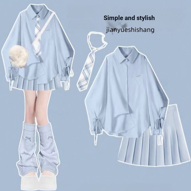 Mori Girl Series เวอร์ชั่นเกาหลี Dopamine ฤดูใบไม้ผลิฤดูร้อนยอดนิยมสวมใส่ jk ชุดกระโปรง 2025 ชุดน้ําพุร้อนสุดสไตล์ Preppy สีฟ้าชุดสองชิ้น