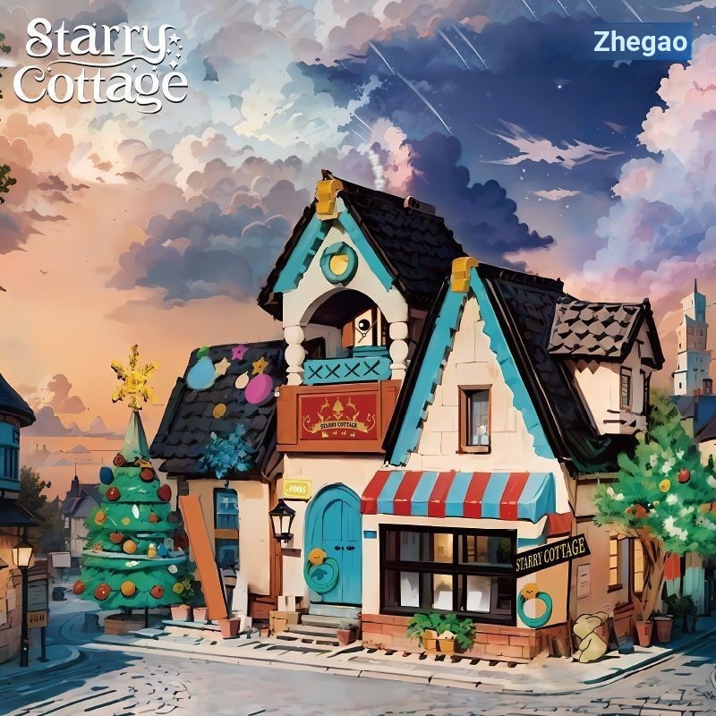 Zhegao Mini Particle น่ารักสัตว์เลี้ยง Star Hut City Street View Building Model Villa Building Block