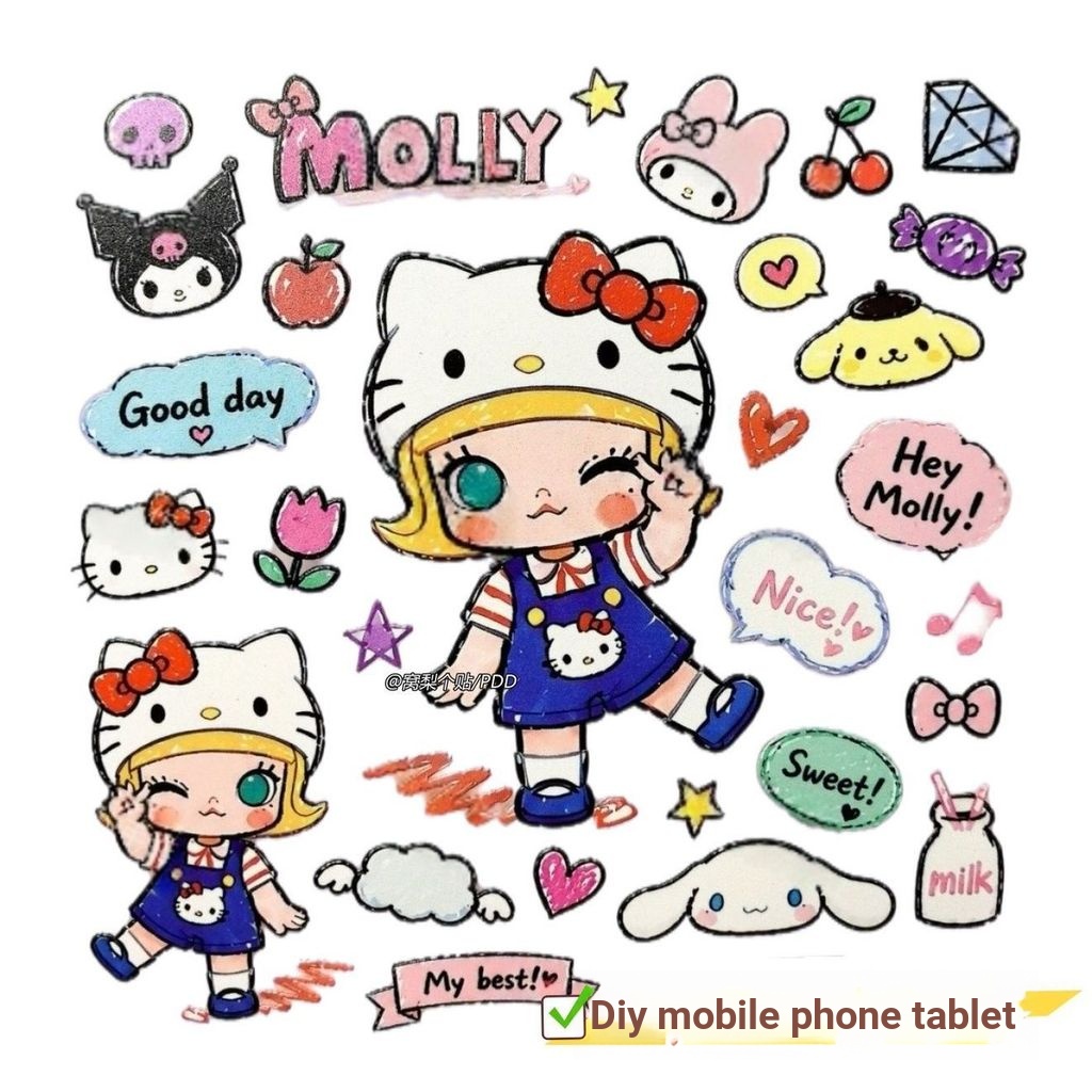 Sanrio kitty Kuromi Melody POP MART Molly สติกเกอร์ diy โทรศัพท์มือถือแท็บเล็ตคู่มือถ้วยน้ําตกแต่ง Transfer สติกเกอร์