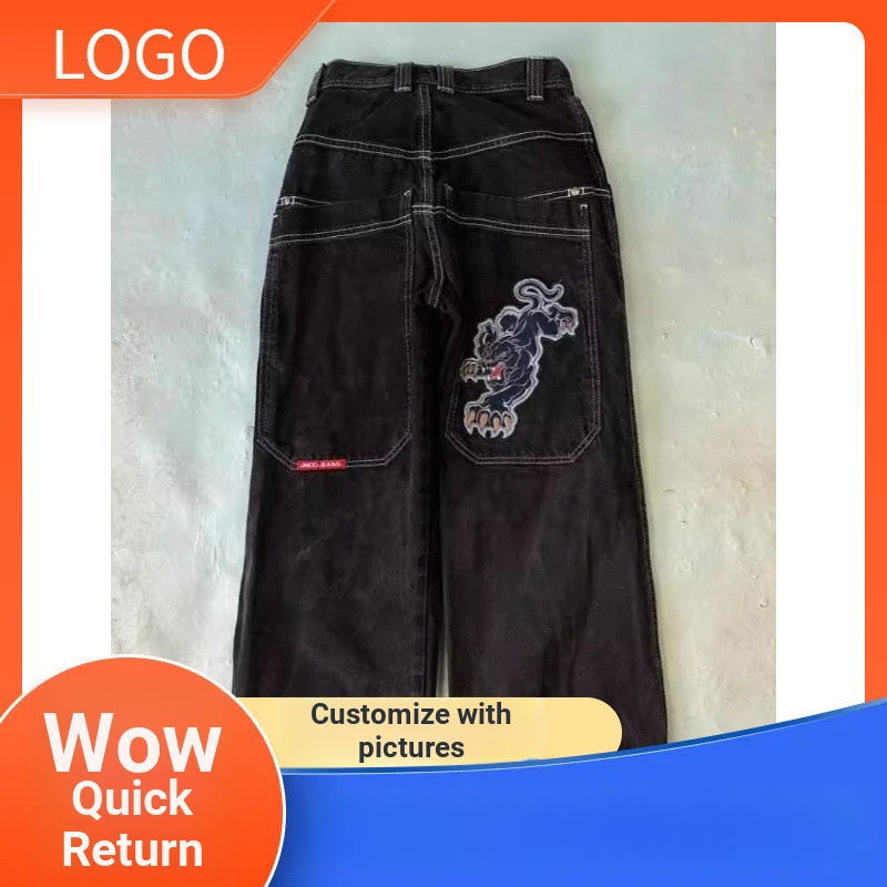 Wow Back to Street Clothing JNCO Jeans Y2K Hip Hop ลายการ์ตูนกางเกงสีดําหลวมกางเกงขากว้าง