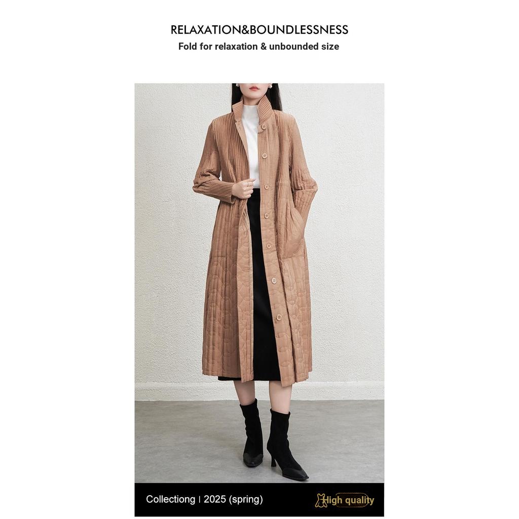 เสื้อผ้าจีบการค้าต่างประเทศ Original Single Pleated Lapel Windbreaker ผู้หญิงฤดูใบไม้ร่วงฤดูหนาวหลวม Slimmer ดู All-Match กลางยาว