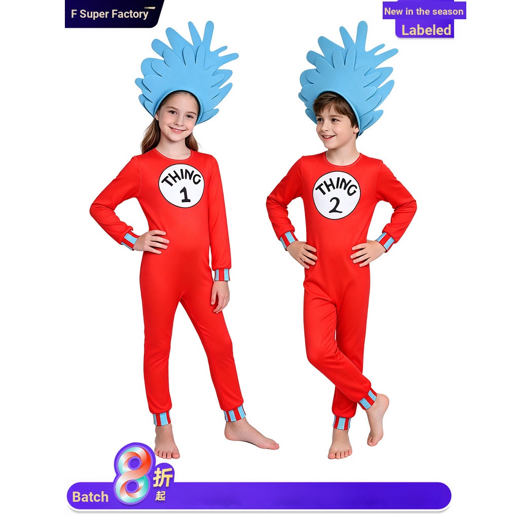 ชุดเด็กฮาโลวีน ดร. Si Children คอสเพลย์เครื่องแต่งกายหมวก Cat Thing1Thing2 Red Jumpsuit