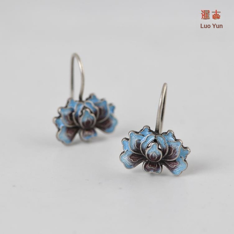 Miyan Retro ต่างหู S925 เงิน Retro Cloisonne Craft ต่างหูเงินไทยอุปกรณ์เสริมผู้หญิง Burnt Blue Peony ต่างหูอุปกรณ์เสริม