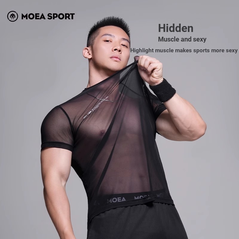 MOEA SPORT|Ink Cube 0 Sense Net Yarn Men Summer High Elastic Fitness Top Training Soft Sports Sexy เสื้อยืดแขนสั้นโปร่งใส