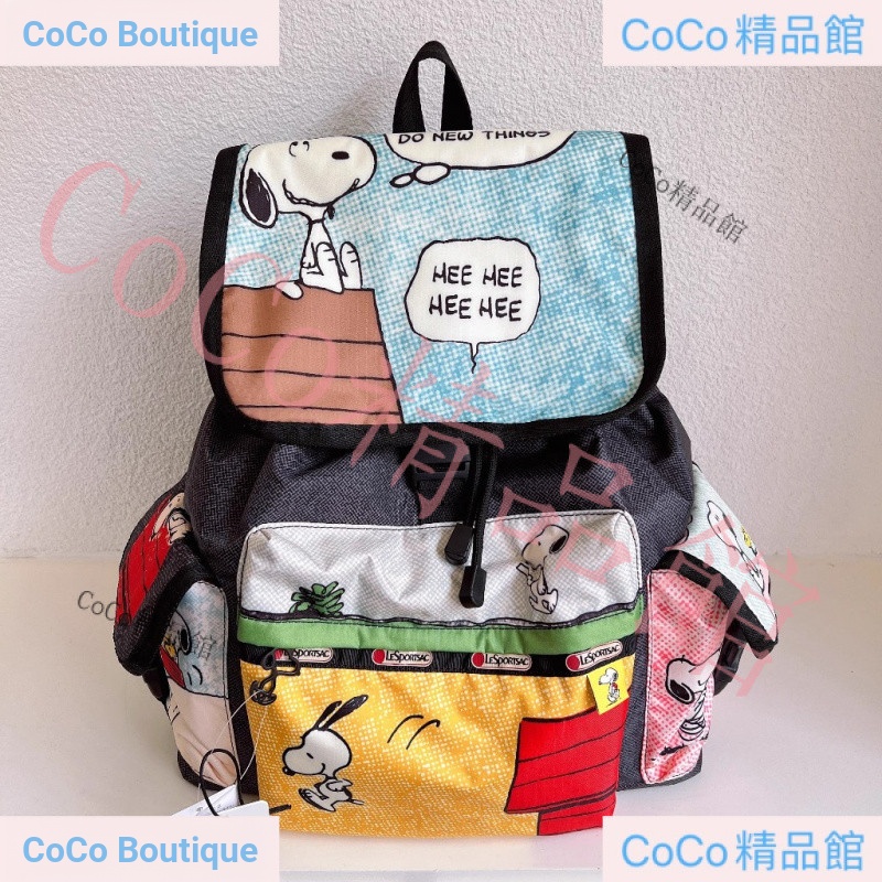 LeS LeS LeS 7839 Snoopy Puzzle Snoopy Large Multi-pocket Drawstring Clamshell Flap Backpack กระเป๋าเดินทาง Mommy Bag School Bag Backpack