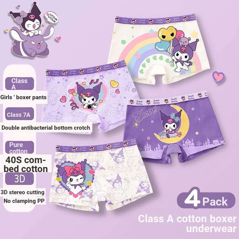 Mombaby Girls Boxer Briefs Kuromi Briefs Sanrio Pure Cotton Childrens Briefs Girls Cute Cartoon Boxe