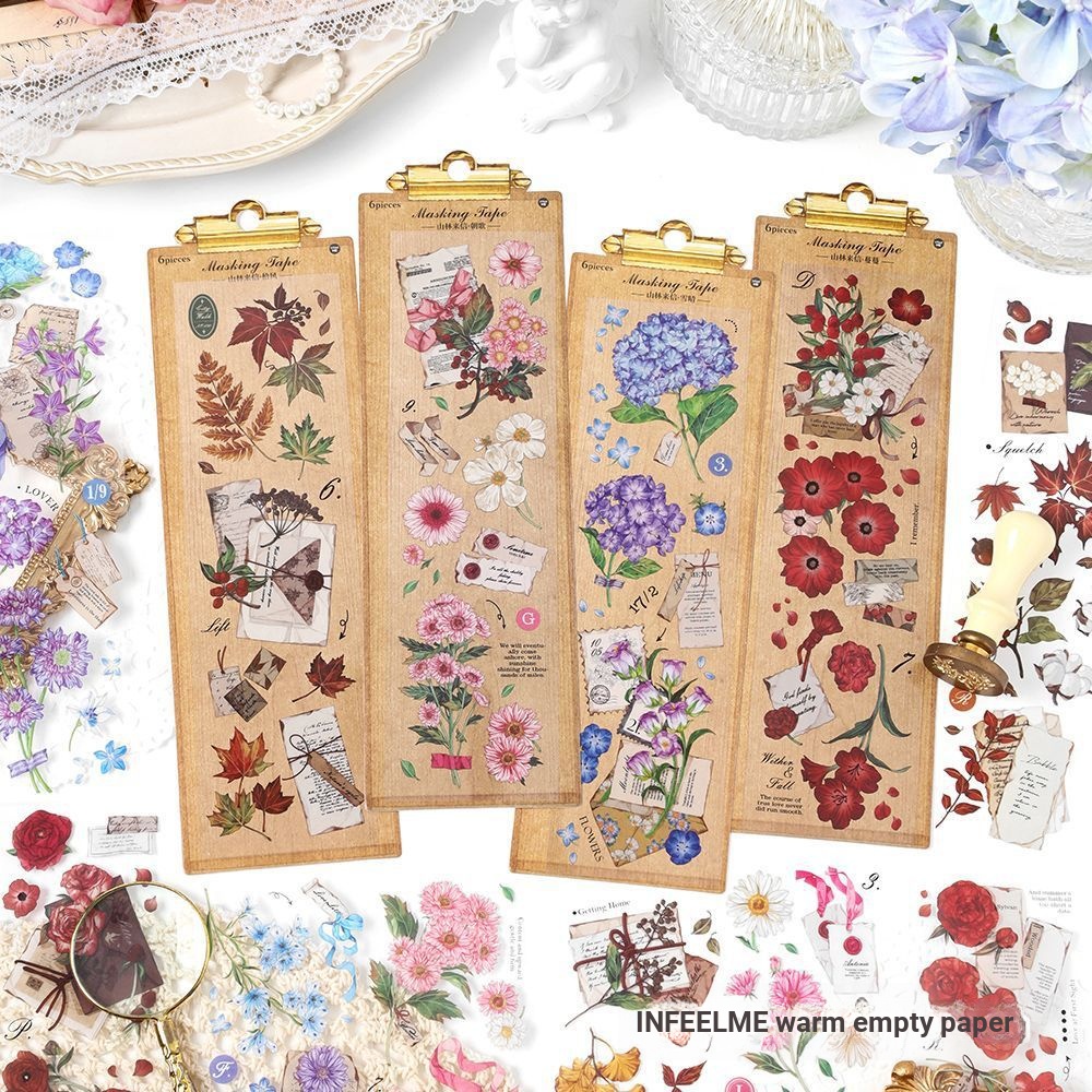 คู่มือสติกเกอร์ตกแต่ง Mountain Forest Letter Series PET Six-Segment สติกเกอร์ Retro ดอกไม้คู่มือ diy วัสดุสติกเกอร์