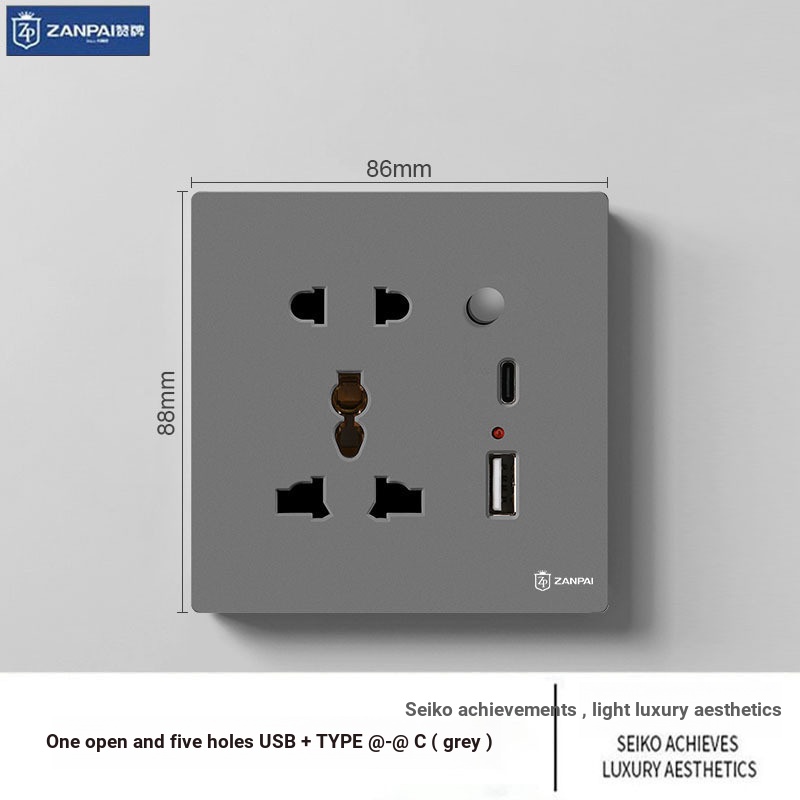 Zan ยี่ห้อสีเทา 86 ประเภทปกปิด Multi-Function Five-Hole Two-Three Plug 5 หลุมพร้อม USB + TYPE-C2.1A 