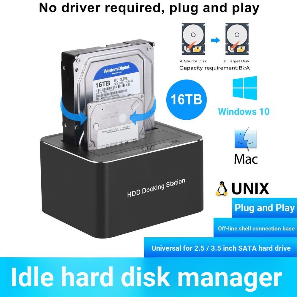 USB3.0 SATA Dual Hard Disk Base เปลือกอลูมิเนียม Offline Clone รองรับสูงสุด Dual Disk 48TB