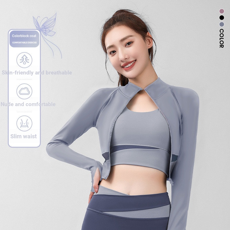 Juyitang Navel Cropped Color Matching Yoga Jacket โยคะสวมคอสูง Slim-fit Slimmer ดู Nude Fit